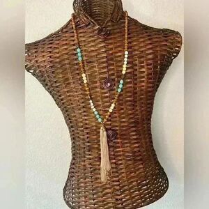 Long lariat style necklace with wood and acrylic stones